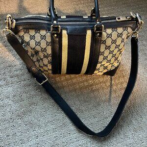 GUCCI Pre loved Navy Original GG Canvas Vintage Web Convertible Tote, Navy